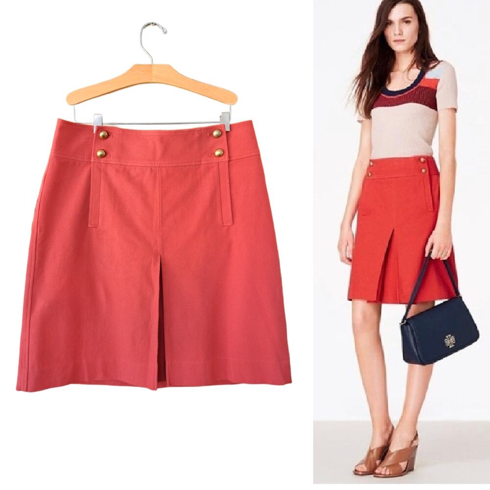 Tory Burch Thea Canyon Cotton Pleated A-Line Skirt Size 10 Orange Stretch Twill